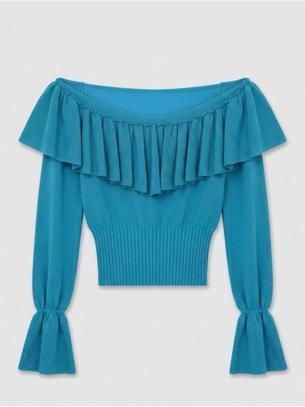 Cache Genuine Silk Turquoise Off-Shoulder Ruffle Knit Longsleeve